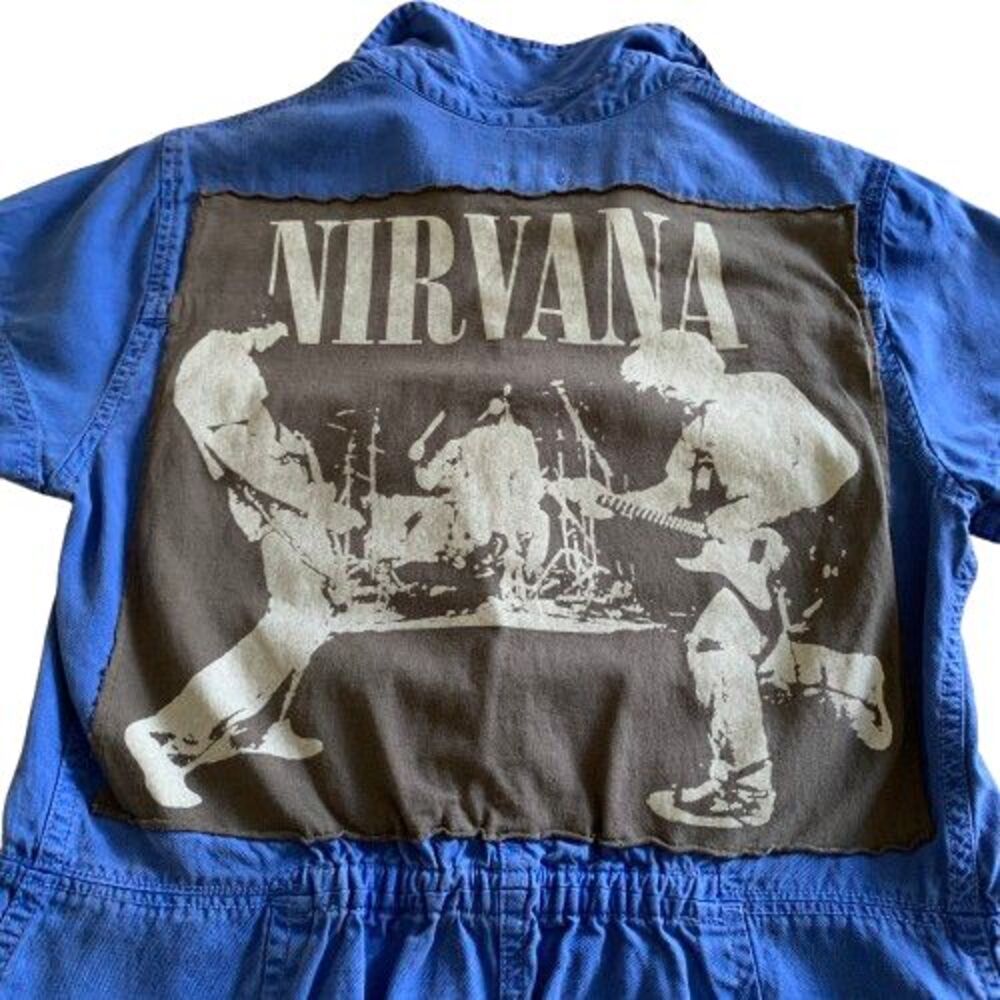 Upcycled J Crew Blue Shirt Mini Dress Nirvana Band Patch Grunge Indie Size 4 - Picture 6 of 7